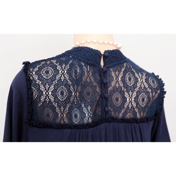 Navy Blue Boho Crochet Lace Mock Neck Shift Dress - Picture 8 of 10